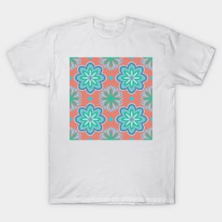 Vintage blue flower pattern on peach background T-Shirt